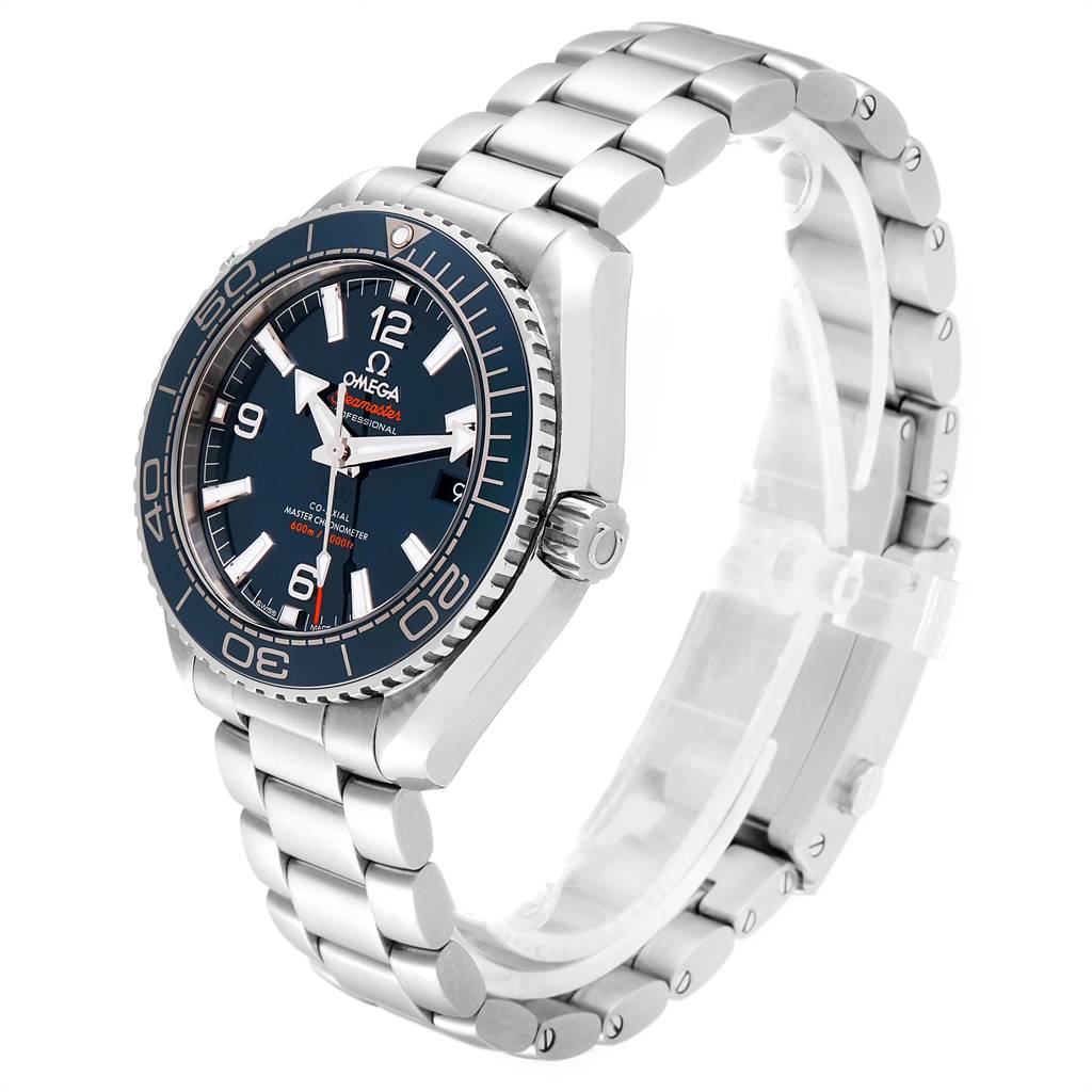 This Omega Planet Ocean 215.30.40.20.03.001 Men
s Stainless Steel Blue Dial 215.30.40.20.03.001 Men
s Stainless Steel Blue Dial watch is shown at an oblique angle displaying the dial, bezel, crown, and stainless steel bracelet.