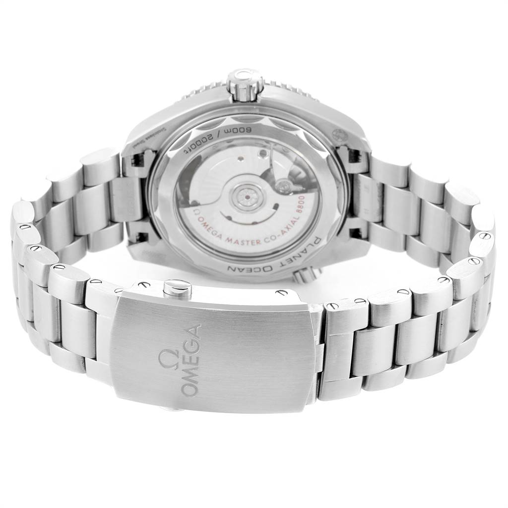 This image shows the back and bracelet of the Omega Planet Ocean 215.30.40.20.03.001 Men
s Stainless Steel Blue Dial 215.30.40.20.03.001 Men
s Stainless Steel Blue Dial watch, highlighting the clasp and case-back mechanism.