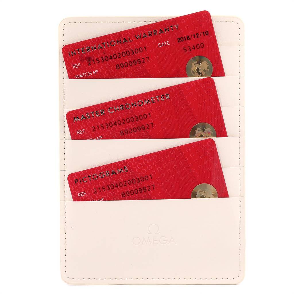 The image shows the warranty cards for the Omega Planet Ocean 215.30.40.20.03.001 Men
s Stainless Steel Blue Dial 215.30.40.20.03.001 Men
s Stainless Steel Blue Dial watch, displayed in a white cardholder.