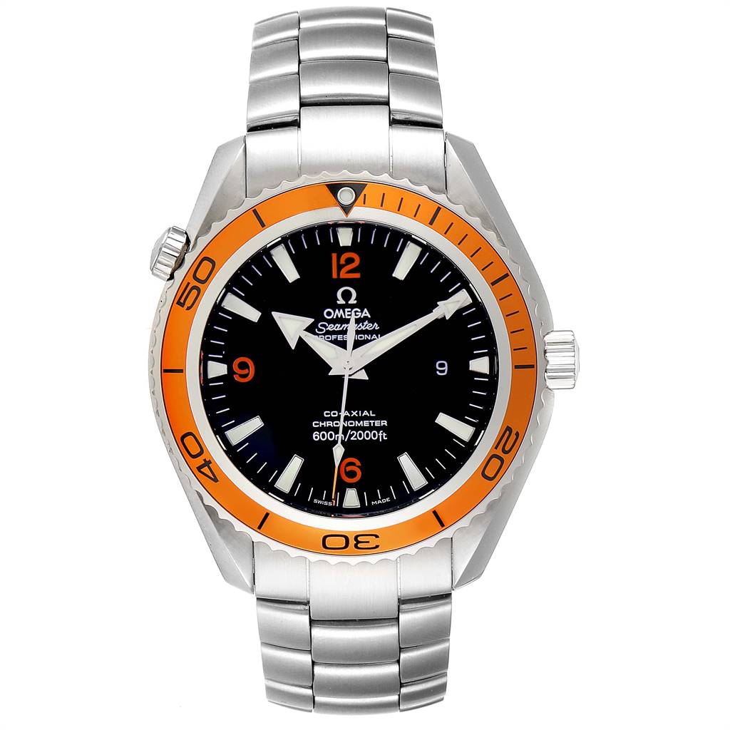 The Omega Planet Ocean 2208.50.00 Men
s Stainless Steel Black Dial 2208.50.00 Men
s Stainless Steel Black Dial watch is shown from the front, displaying its face, bezel, crown, and metal bracelet.