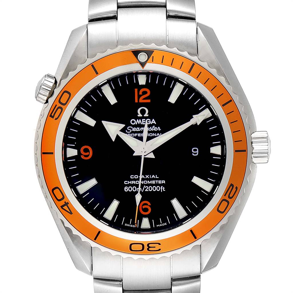 The image shows a front view of the Omega Planet Ocean 2208.50.00 Men
s Stainless Steel Black Dial 2208.50.00 Men
s Stainless Steel Black Dial watch, displaying its dial, bezel, hands, and part of the bracelet.