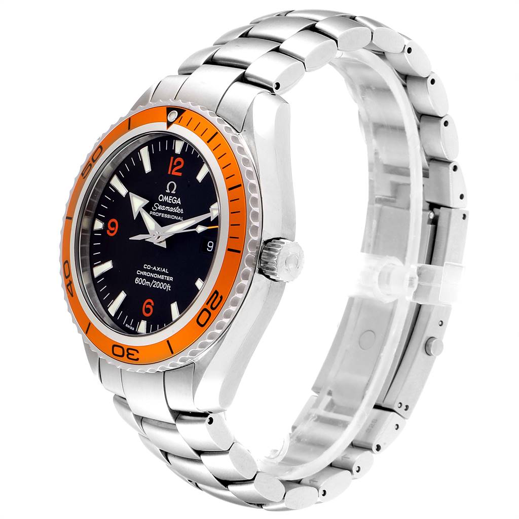 The Omega Planet Ocean 2208.50.00 Men
s Stainless Steel Black Dial 2208.50.00 Men
s Stainless Steel Black Dial watch is shown at a 3/4 angle, displaying its stainless steel band, orange bezel, and side crown.
