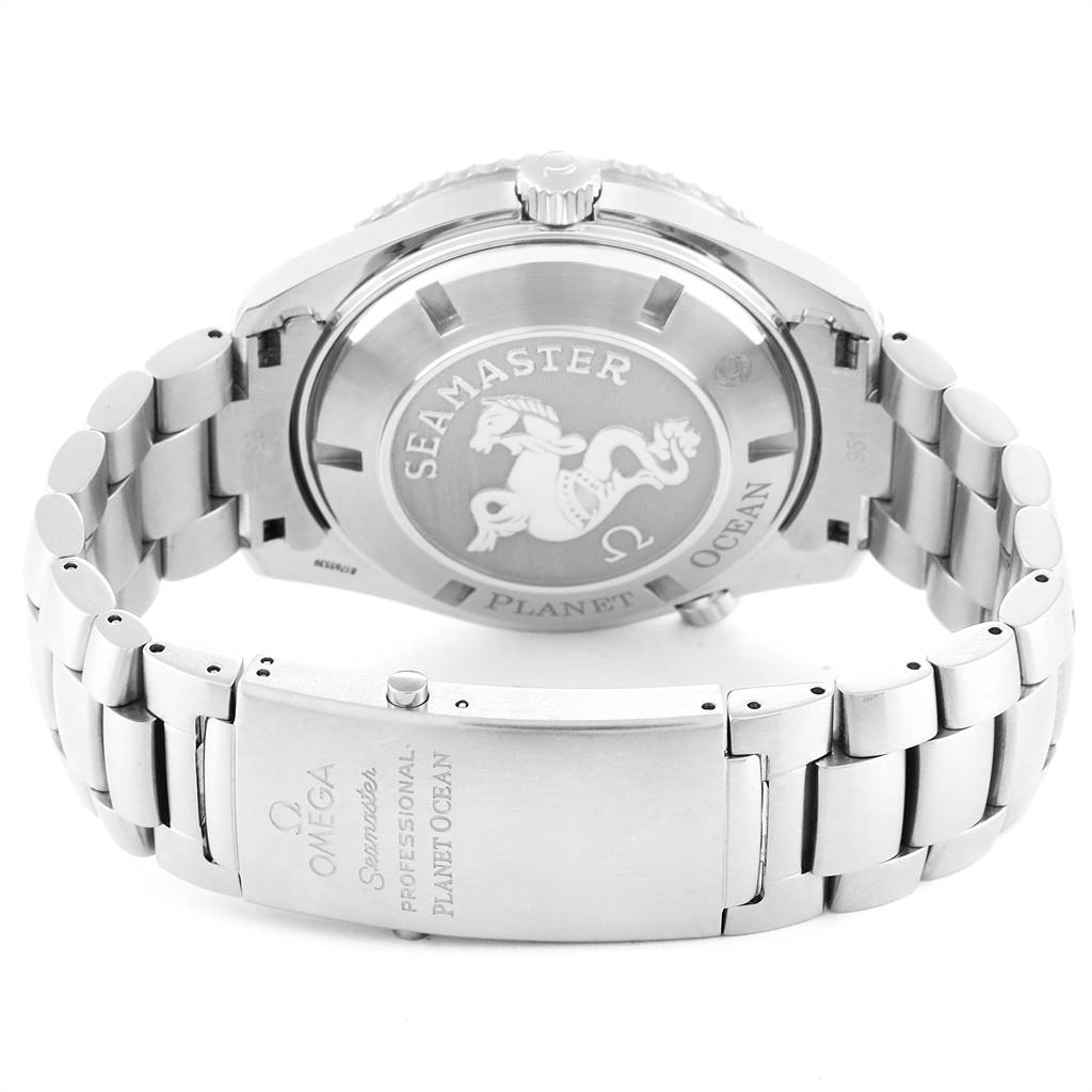 The image shows the back case and clasp of the Omega Planet Ocean 2208.50.00 Men
s Stainless Steel Black Dial 2208.50.00 Men
s Stainless Steel Black Dial watch from the Seamaster series at a rear angle.