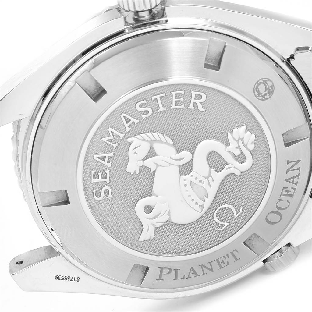 This image shows the back of the Omega Planet Ocean 2208.50.00 Men
s Stainless Steel Black Dial 2208.50.00 Men
s Stainless Steel Black Dial Seamaster watch, displaying the case back design and crown.