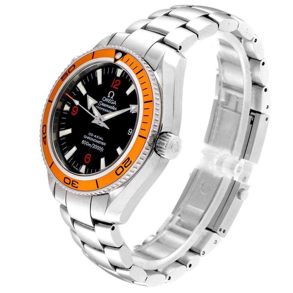 The Omega Planet Ocean 2209.50.00 Men
s Stainless Steel Black Dial 2209.50.00 Men
s Stainless Steel Black Dial watch is shown at a slightly tilted angle, highlighting its orange bezel, black dial, and metal bracelet.