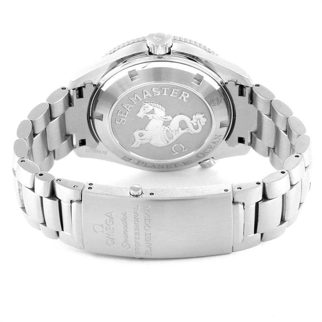 The image shows the back case and metal bracelet of an Omega Planet Ocean 2209.50.00 Men
s Stainless Steel Black Dial 2209.50.00 Men
s Stainless Steel Black Dial watch, including the logo and inscriptions.