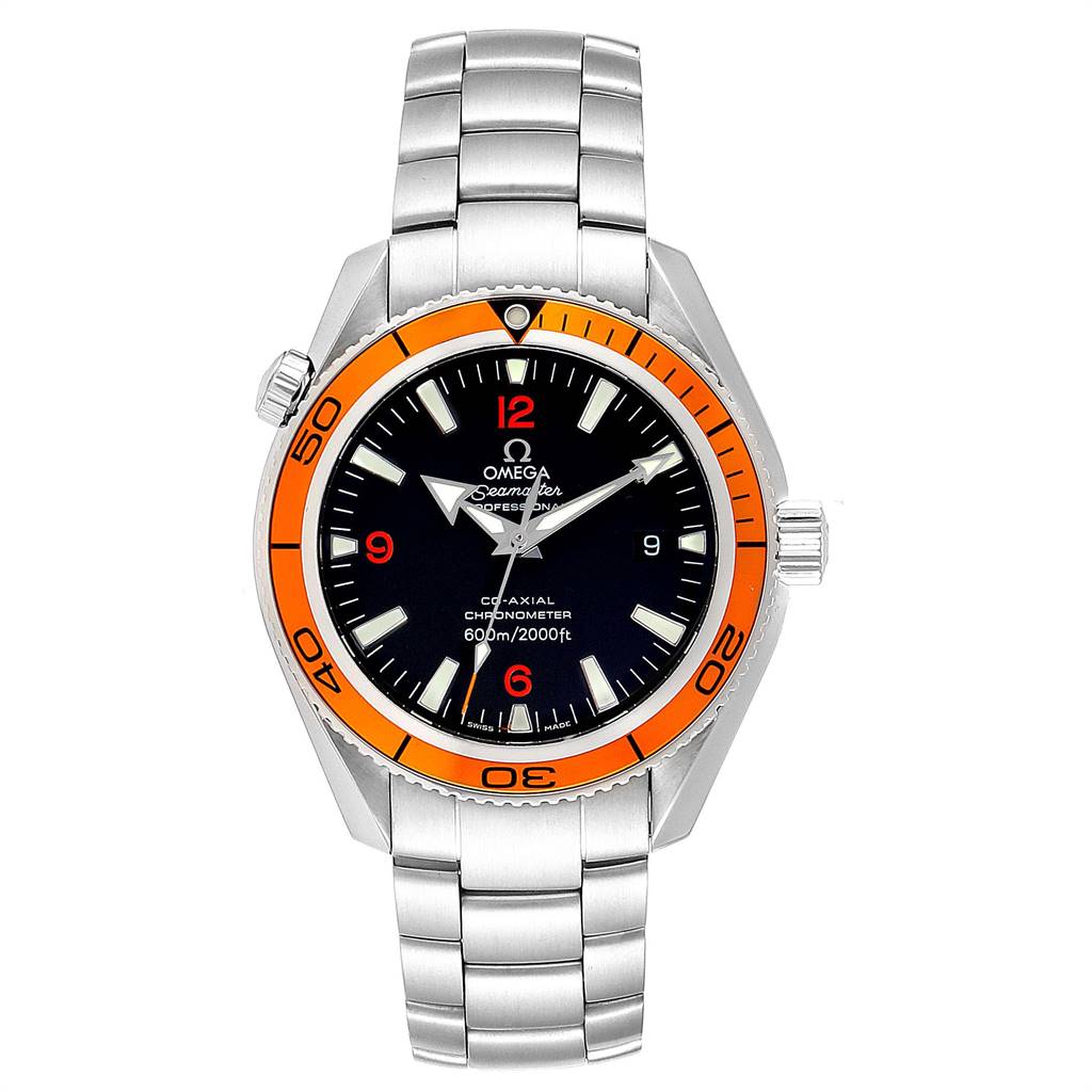 The image shows a front view of an Omega Planet Ocean 2209.50.00 Men
s Stainless Steel Black Dial 2209.50.00 Men
s Stainless Steel Black Dial watch with a stainless steel bracelet and an orange bezel.