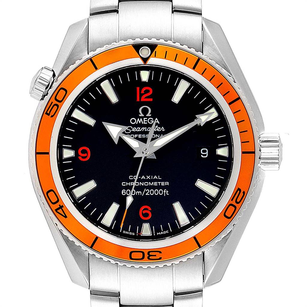 The image shows a front view of the Omega Planet Ocean 2209.50.00 Men
s Stainless Steel Black Dial 2209.50.00 Men
s Stainless Steel Black Dial model watch, highlighting the face, bezel, and crown.