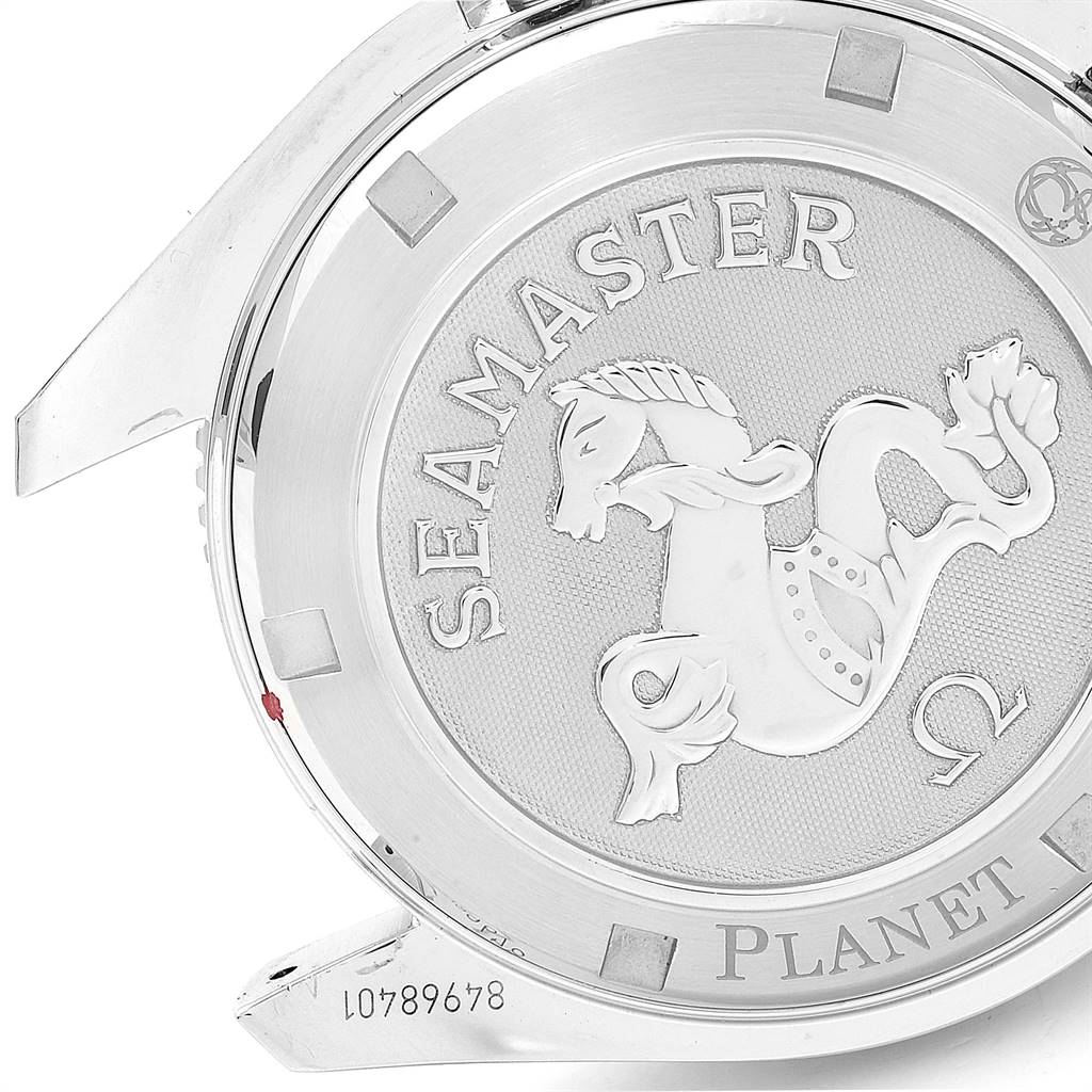 The image shows the back case of the Omega Planet Ocean 2209.50.00 Men
s Stainless Steel Black Dial 2209.50.00 Men
s Stainless Steel Black Dial watch, featuring the Seamaster logo and model details.