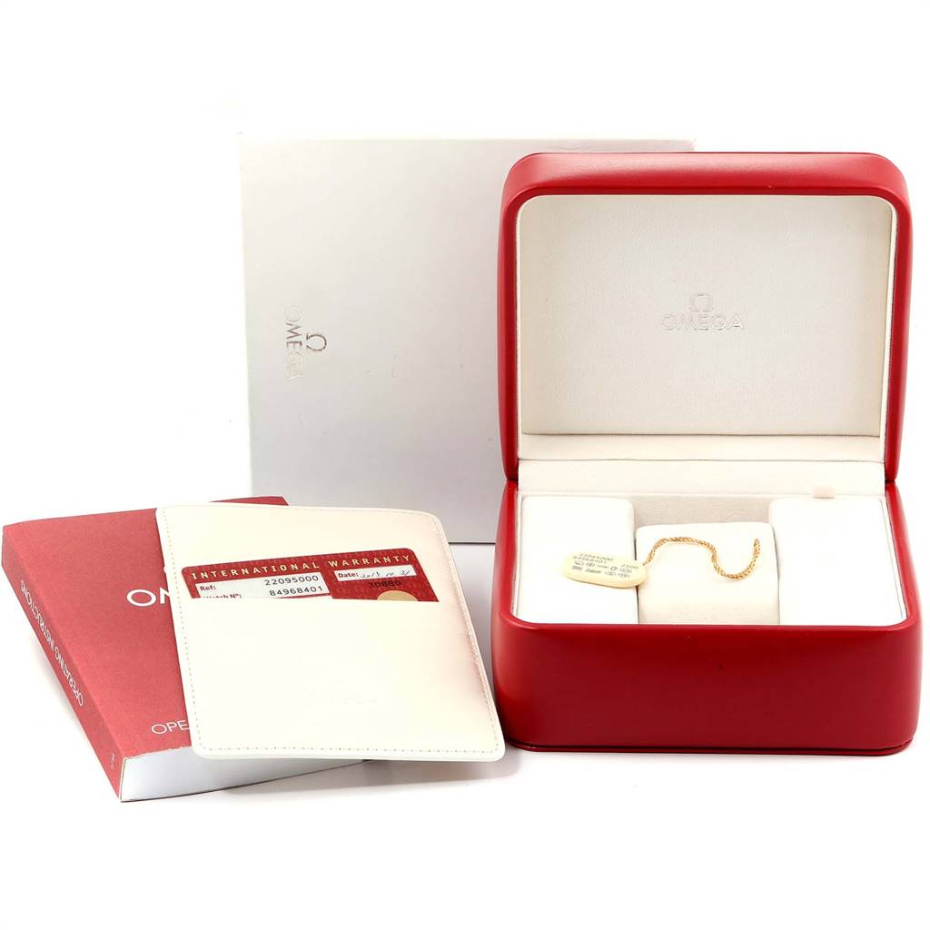 The image shows the packaging, warranty card, and manual for the Omega Planet Ocean 2209.50.00 Men
s Stainless Steel Black Dial 2209.50.00 Men
s Stainless Steel Black Dial watch.