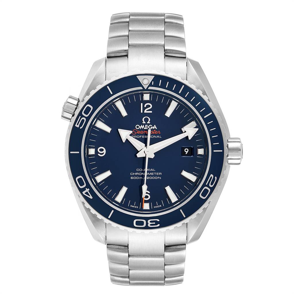 The image shows a front view of the Omega Planet Ocean 232.90.46.21.03.001 Men's Titanium Blue Dial 232.90.46.21.03.001 Men's Titanium Blue Dial watch, highlighting the dial, bezel, crown, and stainless steel bracelet.