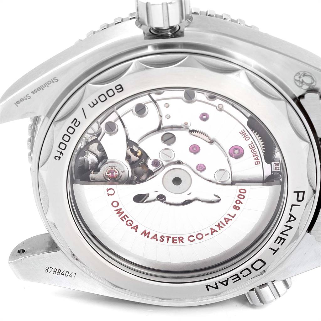 This image shows the back view of the Omega Planet Ocean 215.30.44.21.01.002 Men
s Stainless Steel Black Dial 215.30.44.21.01.002 Men
s Stainless Steel Black Dial watch, displaying its movement and case details.