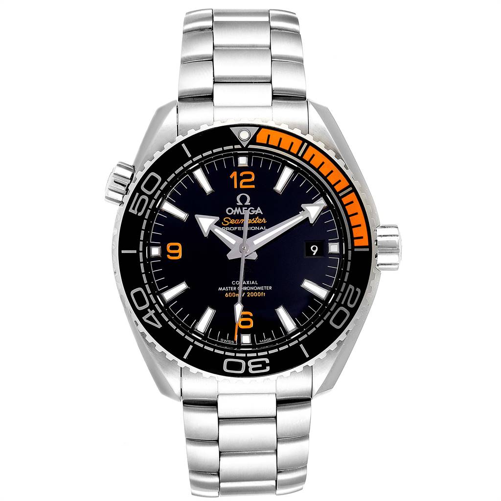 The image shows a front view of an Omega Planet Ocean 215.30.44.21.01.002 Men
s Stainless Steel Black Dial 215.30.44.21.01.002 Men
s Stainless Steel Black Dial watch, displaying its face, bezel, crown, and metal bracelet.