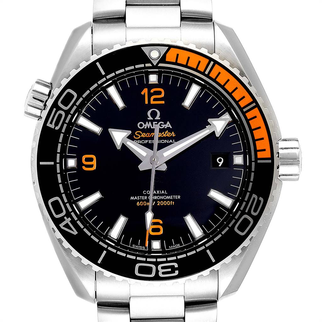The image shows a front-facing view of the Omega Planet Ocean 215.30.44.21.01.002 Men
s Stainless Steel Black Dial 215.30.44.21.01.002 Men
s Stainless Steel Black Dial model watch, detailing the bezel, dial, hands, and date window.
