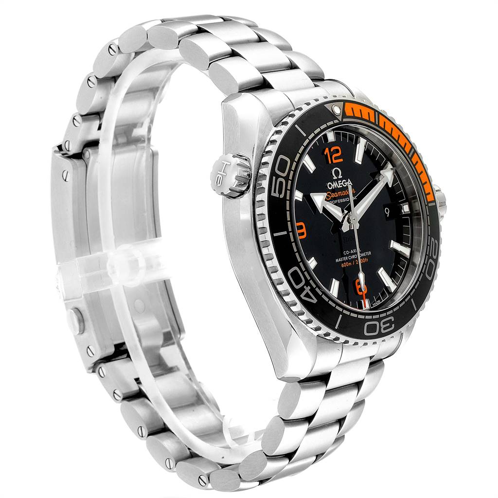 The Omega Planet Ocean 215.30.44.21.01.002 Men
s Stainless Steel Black Dial 215.30.44.21.01.002 Men
s Stainless Steel Black Dial watch is shown at a slight angle from the top right side, displaying the dial, bezel, crown, and bracelet.