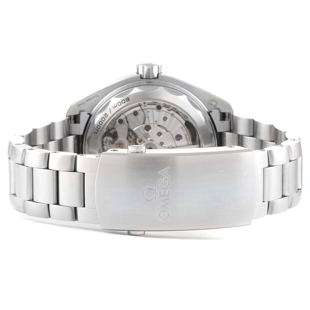 The image shows the back view of the Omega Planet Ocean 215.30.44.21.01.002 Men
s Stainless Steel Black Dial 215.30.44.21.01.002 Men
s Stainless Steel Black Dial watch, featuring its open case back and metal bracelet clasp.