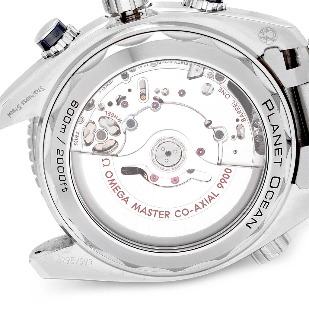 The image shows the back view of the Omega Planet Ocean 232.90.46.51.03.001 Stainless Steel Blue Dial 232.90.46.51.03.001 Stainless Steel Blue Dial watch, highlighting its movement and transparent case back.