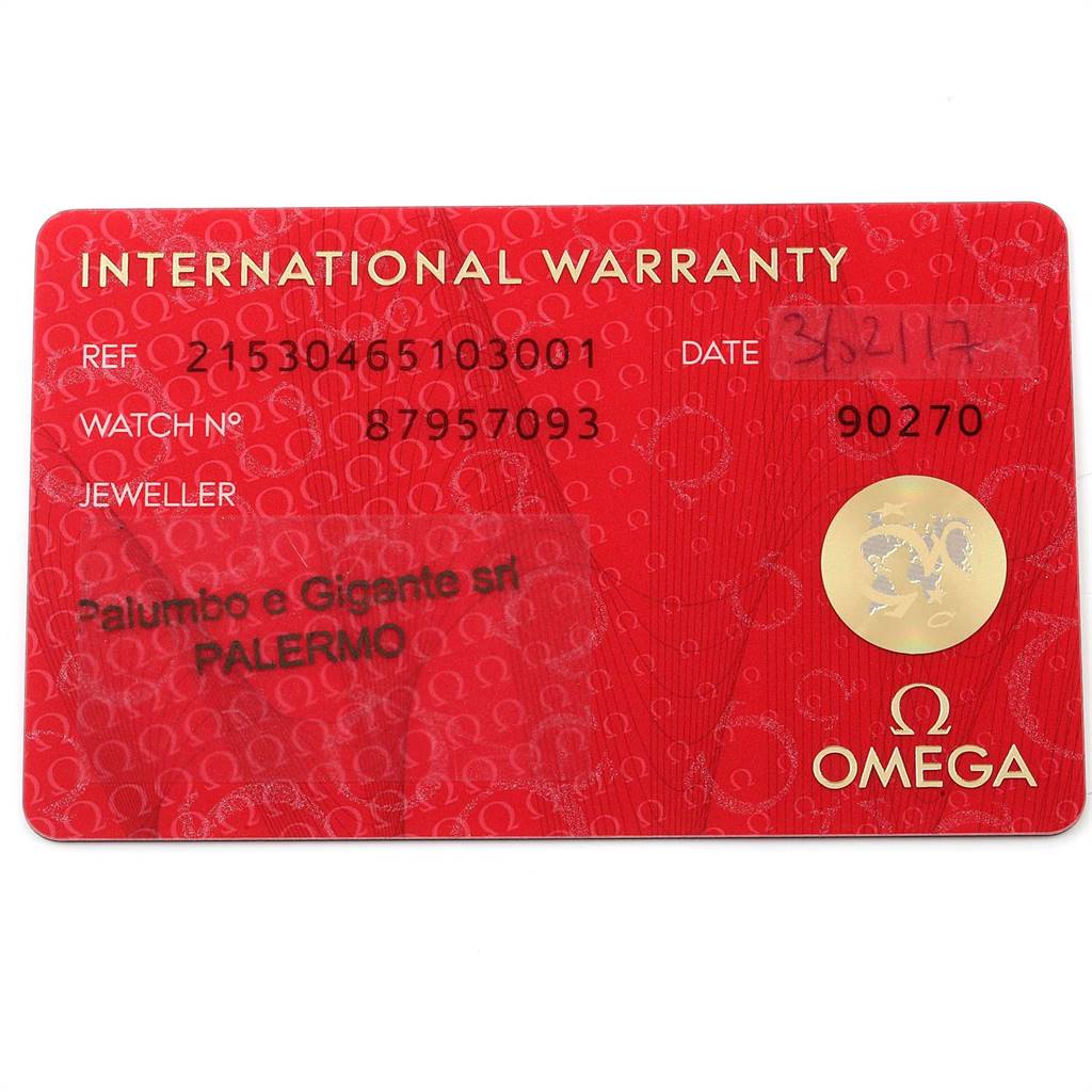 This image shows the International Warranty card for an Omega Planet Ocean 232.90.46.51.03.001 Stainless Steel Blue Dial 232.90.46.51.03.001 Stainless Steel Blue Dial watch, displaying reference numbers and jeweller details.