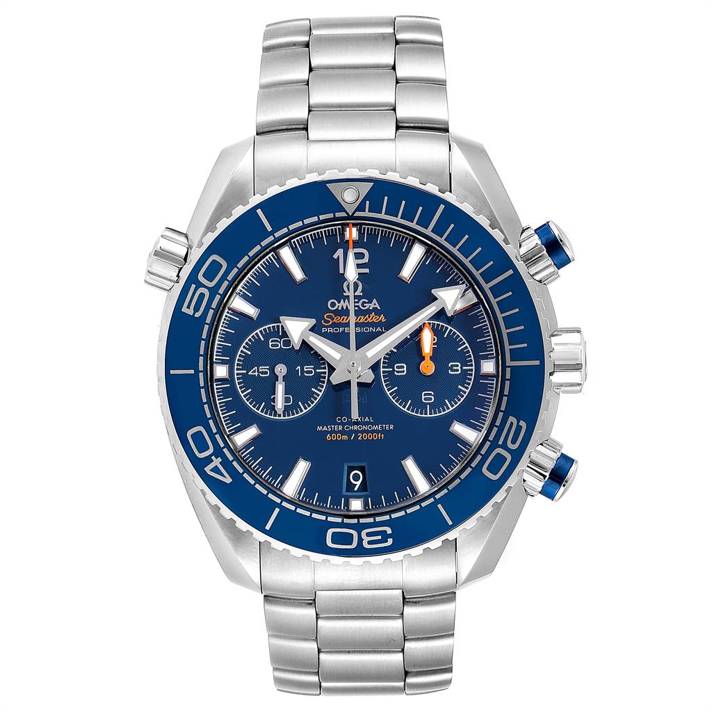 This image shows a front angle of the Omega Planet Ocean 232.90.46.51.03.001 Stainless Steel Blue Dial 232.90.46.51.03.001 Stainless Steel Blue Dial model, including the watch face, bezel, crown, chronograph buttons, and stainless steel bracelet.