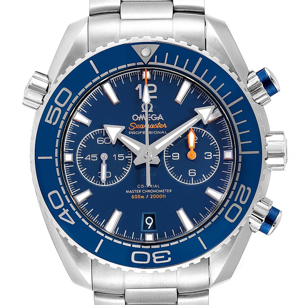The image shows a front view of the Omega Seamaster Planet Ocean watch, highlighting its blue dial, bezel, and chronograph functions.