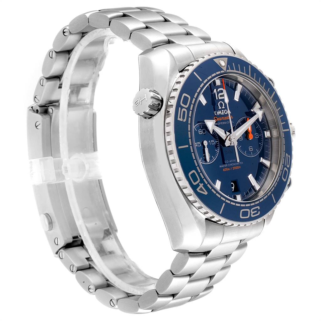 The image shows a side view of the Omega Planet Ocean 232.90.46.51.03.001 Stainless Steel Blue Dial 232.90.46.51.03.001 Stainless Steel Blue Dial watch, highlighting the crown, bezel, and metal bracelet.