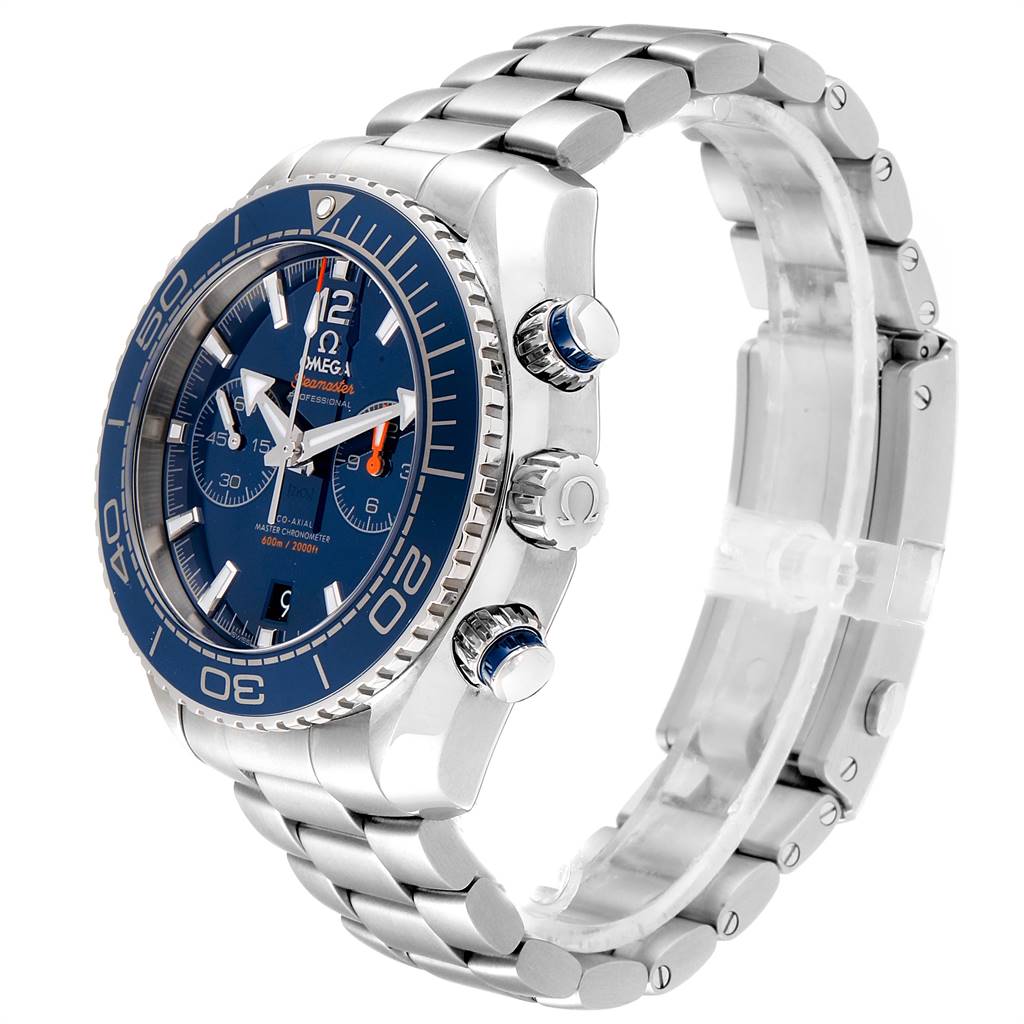 This Omega Planet Ocean 232.90.46.51.03.001 Stainless Steel Blue Dial 232.90.46.51.03.001 Stainless Steel Blue Dial watch is shown from a three-quarter angle, displaying the dial, bezel, crown, pushers, and bracelet.