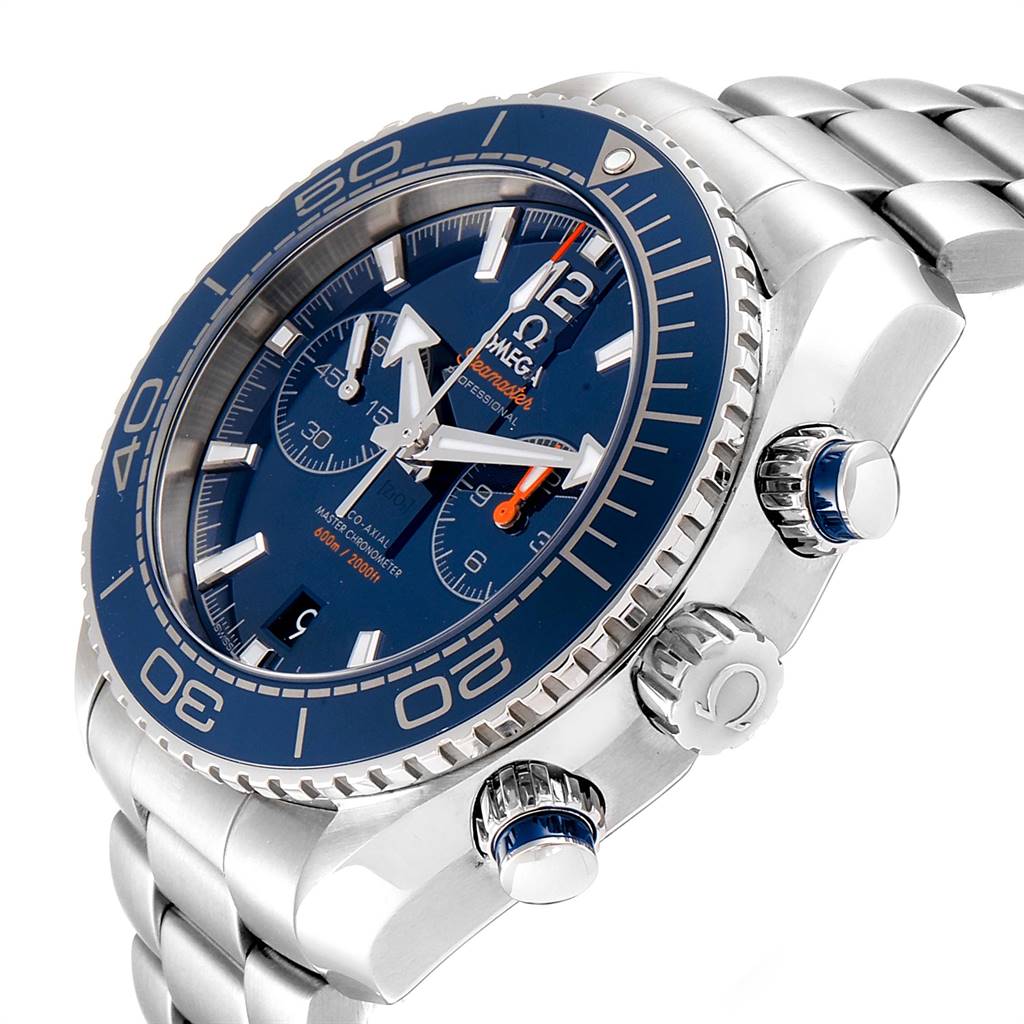 The image shows an angled view of the Omega Planet Ocean 232.90.46.51.03.001 Stainless Steel Blue Dial 232.90.46.51.03.001 Stainless Steel Blue Dial watch, highlighting its bezel, dial, crown, pushers, and bracelet.