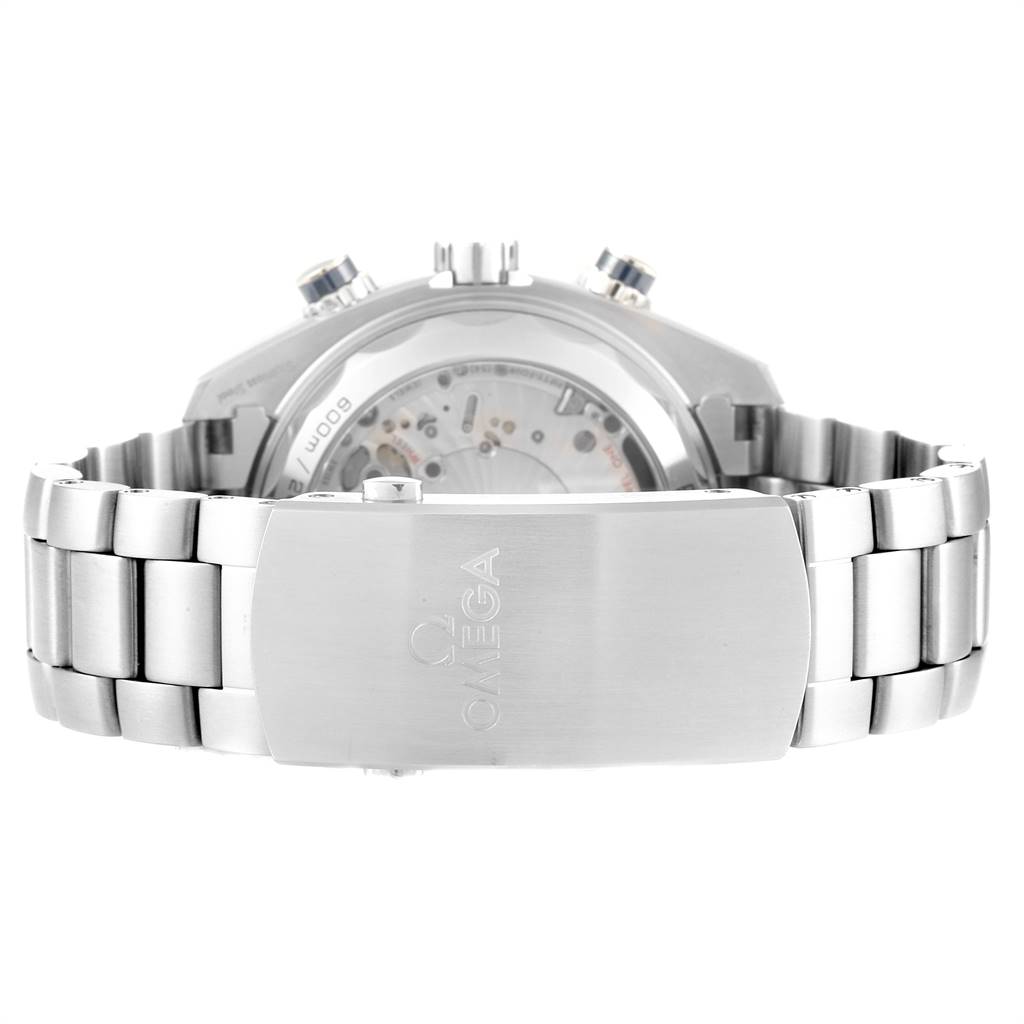 The image shows the back view of an Omega Planet Ocean 232.90.46.51.03.001 Stainless Steel Blue Dial 232.90.46.51.03.001 Stainless Steel Blue Dial watch, focusing on the bracelet and clasp with the Omega logo visible.