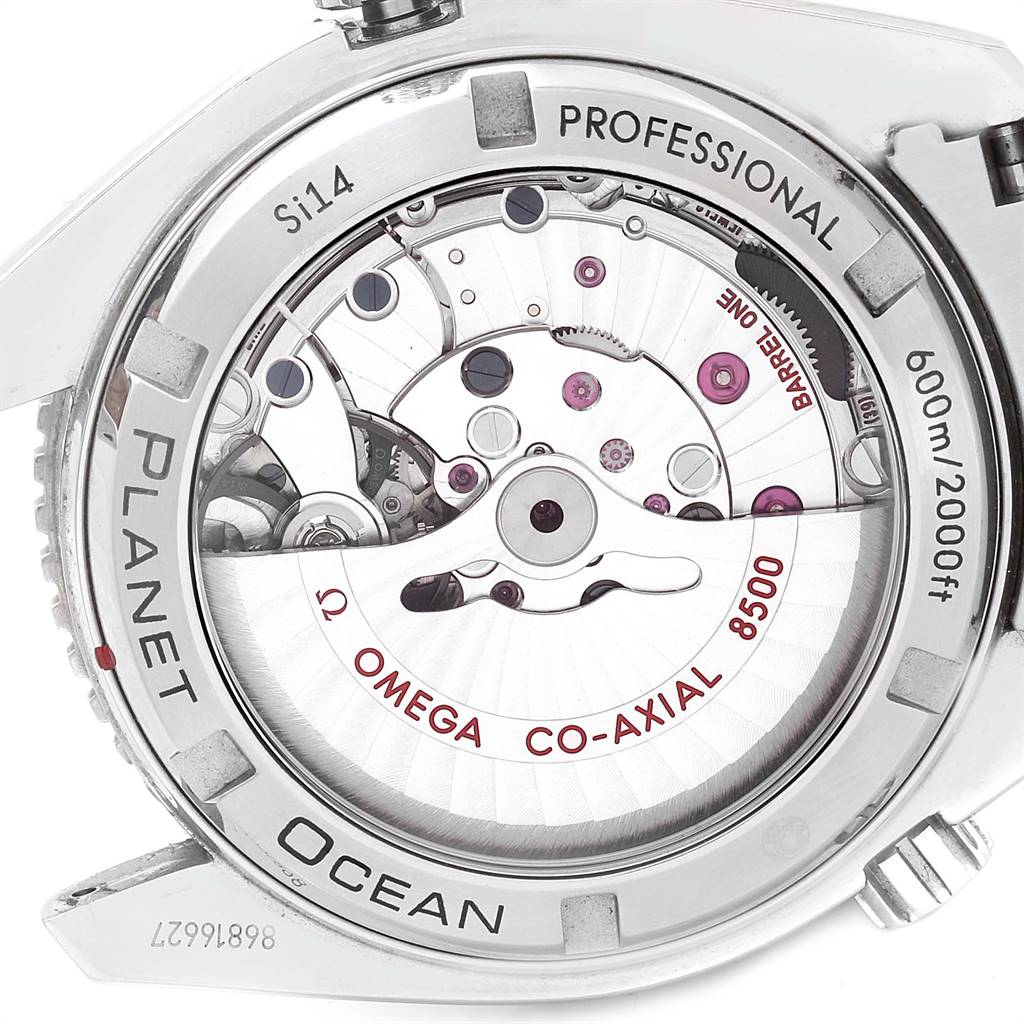 Close-up of the Omega Planet Ocean 232.30.42.21.01.001 Men
s Stainless Steel Black Dial 232.30.42.21.01.001 Men
s Stainless Steel Black Dial
s transparent case back, showing the Co-Axial 8500 movement and internal mechanism details.