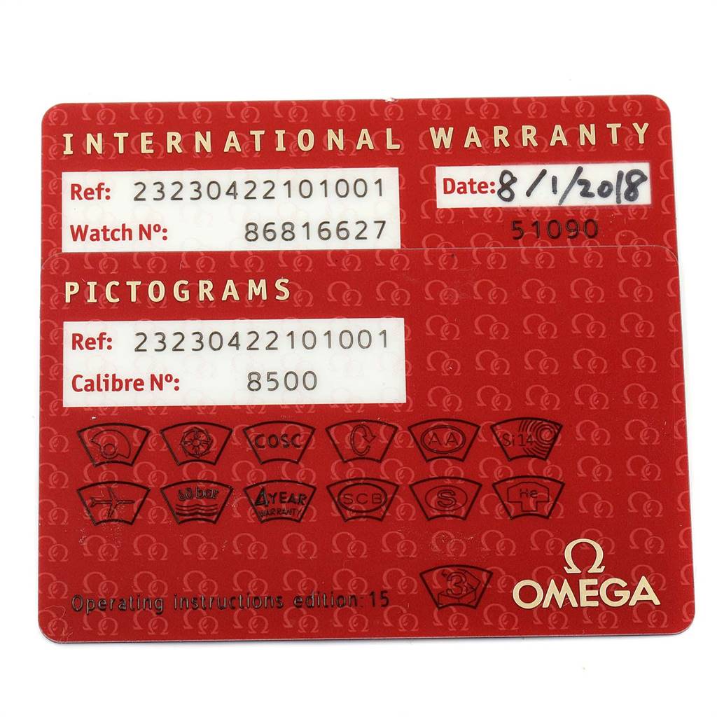 This image shows an Omega International Warranty card for the Planet Ocean model, with serial, calibre, and reference numbers.