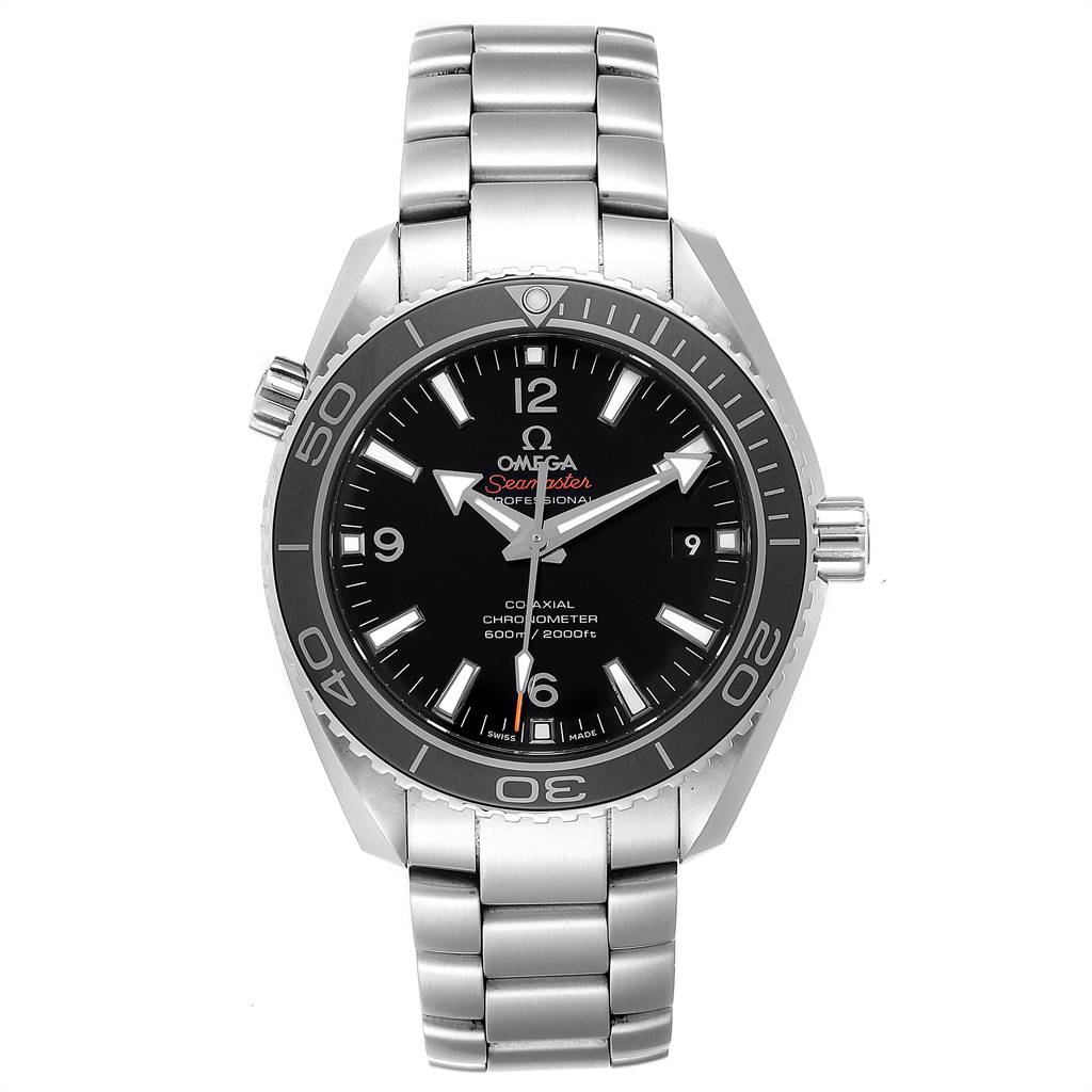 The image shows a front view of the Omega Planet Ocean 232.30.42.21.01.001 Men
s Stainless Steel Black Dial 232.30.42.21.01.001 Men
s Stainless Steel Black Dial watch, highlighting its dial, bezel, crown, and metal bracelet.