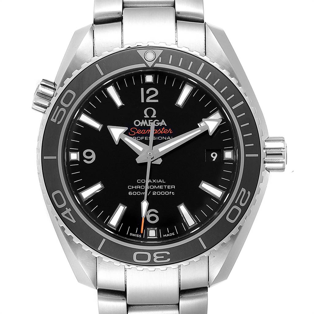 The image shows a front view of the Omega Planet Ocean 232.30.42.21.01.001 Men
s Stainless Steel Black Dial 232.30.42.21.01.001 Men
s Stainless Steel Black Dial Seamaster watch, displaying its dial, bezel, and metal bracelet.