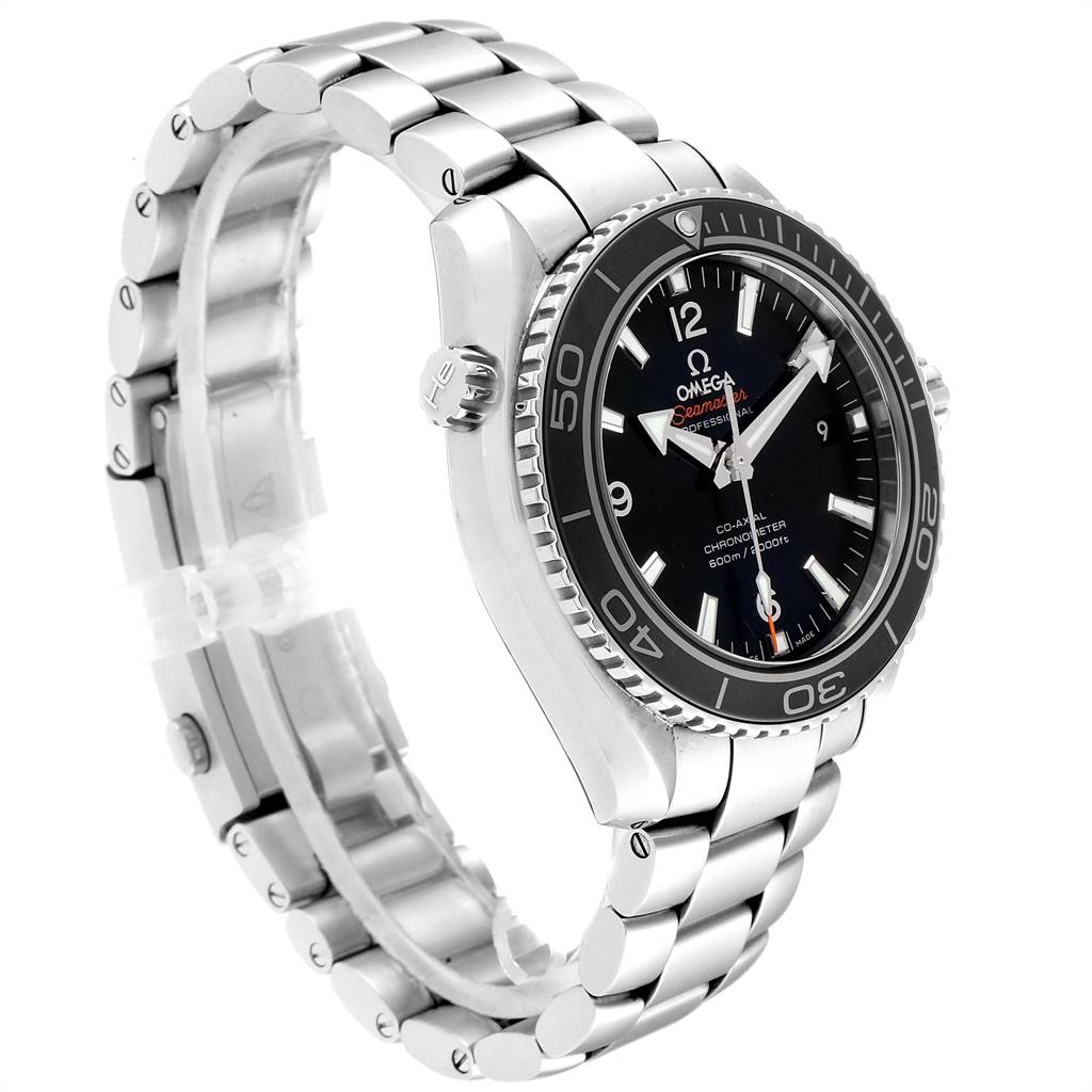 The Omega Planet Ocean 232.30.42.21.01.001 Men
s Stainless Steel Black Dial 232.30.42.21.01.001 Men
s Stainless Steel Black Dial watch is shown from a side angle, highlighting its bezel, bracelet, case, and crown.