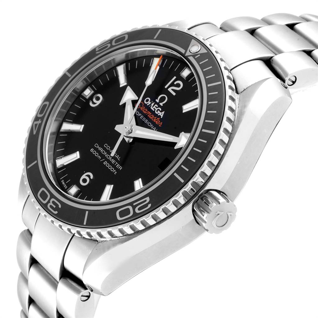 The image shows a side-angle view of the Omega Planet Ocean 232.30.42.21.01.001 Men
s Stainless Steel Black Dial 232.30.42.21.01.001 Men
s Stainless Steel Black Dial watch, highlighting its face, bezel, and bracelet.
