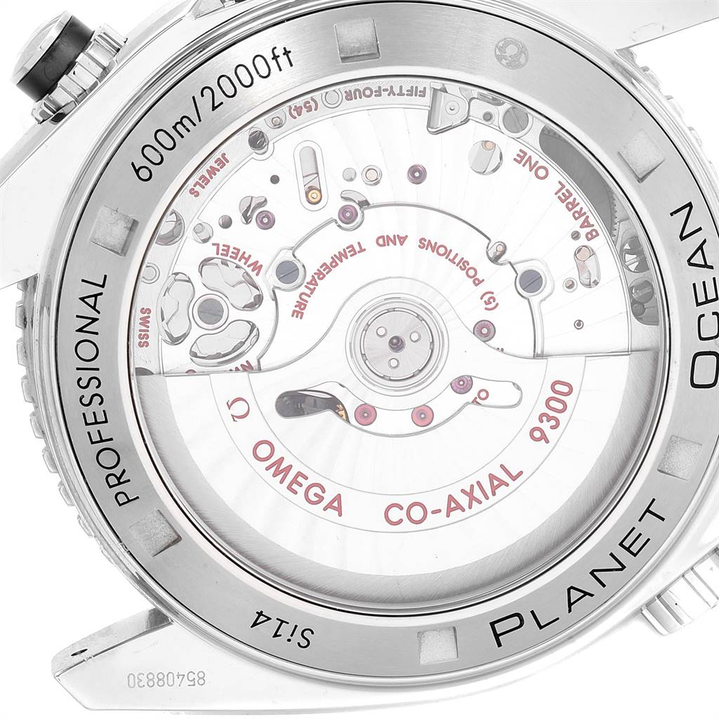 This image shows the back view of the Omega Planet Ocean 232.30.46.51.01.001 Men
s Stainless Steel Black Dial 232.30.46.51.01.001 Men
s Stainless Steel Black Dial watch, highlighting its inner mechanical components.