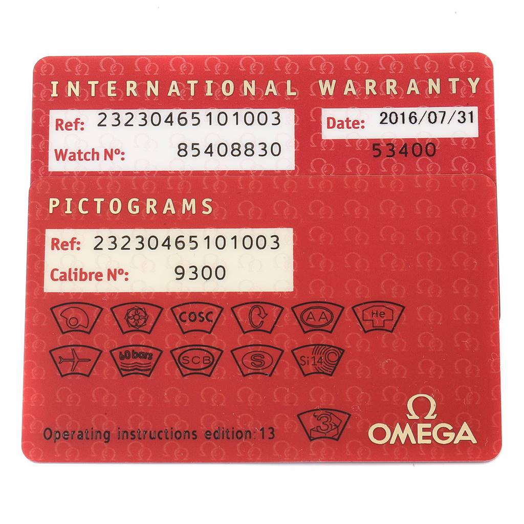 The image shows an Omega Planet Ocean 232.30.46.51.01.001 Men
s Stainless Steel Black Dial 232.30.46.51.01.001 Men
s Stainless Steel Black Dial International Warranty card highlighting reference numbers, the calibre, and various pictograms.