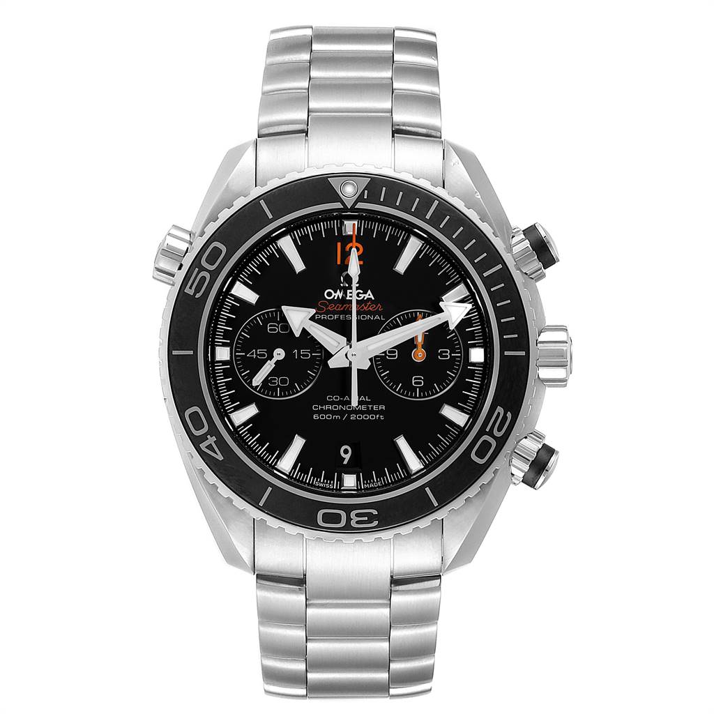 This is a head-on view of the Omega Planet Ocean 232.30.46.51.01.001 Men
s Stainless Steel Black Dial 232.30.46.51.01.001 Men
s Stainless Steel Black Dial watch showing the face, bezel, and bracelet.