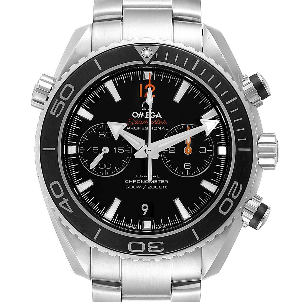 The image shows a front view of the Omega Planet Ocean 232.30.46.51.01.001 Men
s Stainless Steel Black Dial 232.30.46.51.01.001 Men
s Stainless Steel Black Dial watch, highlighting its black dial, bezel, and stainless steel bracelet.