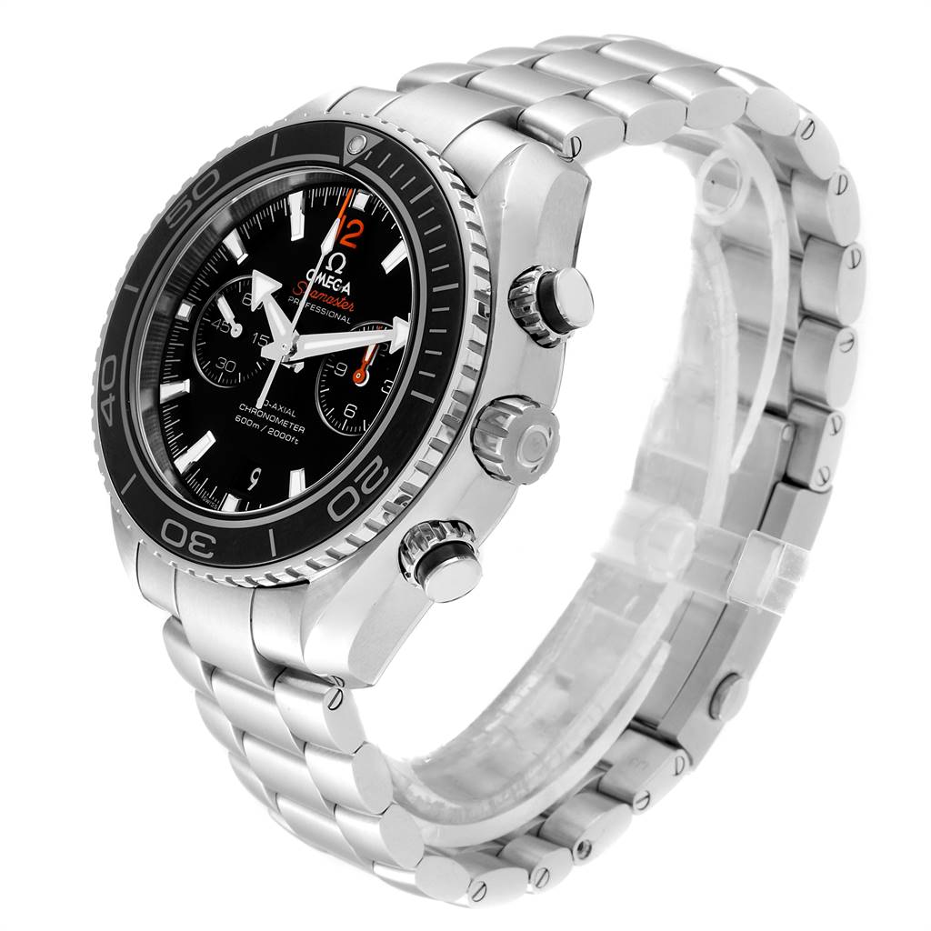 The image shows an Omega Planet Ocean 232.30.46.51.01.001 Men
s Stainless Steel Black Dial 232.30.46.51.01.001 Men
s Stainless Steel Black Dial watch at an angled side view, displaying the face, bezel, crown, and stainless steel bracelet.