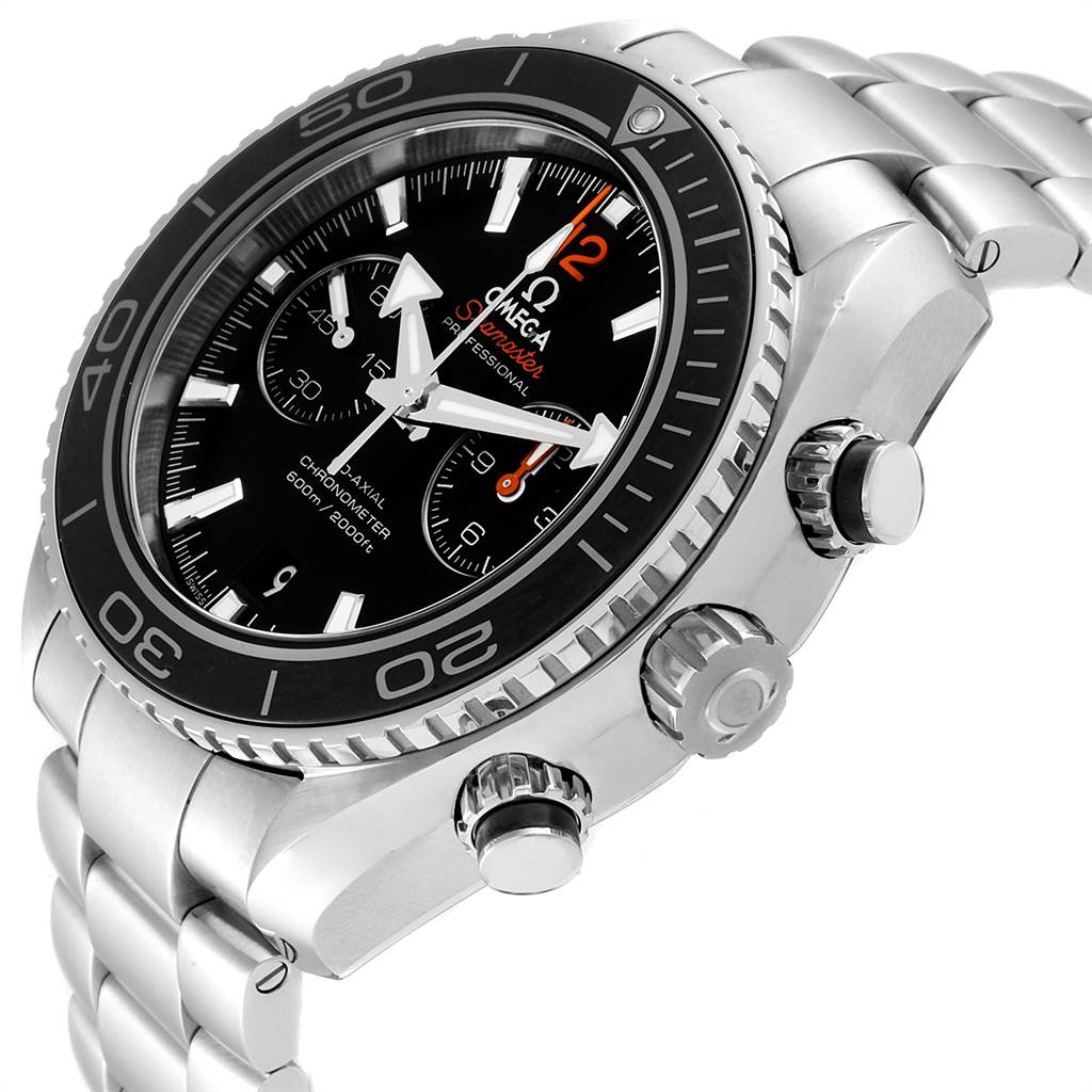 The Omega Planet Ocean 232.30.46.51.01.001 Men
s Stainless Steel Black Dial 232.30.46.51.01.001 Men
s Stainless Steel Black Dial watch is shown at a tilted angle, highlighting the black dial, chronograph subdials, and stainless steel bracelet with pushers.