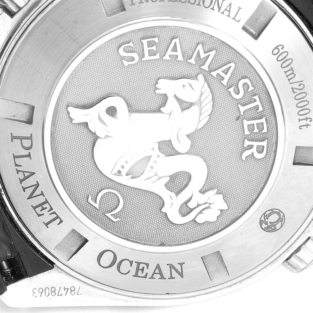 The image shows the case back of the Omega Seamaster Planet Ocean watch.