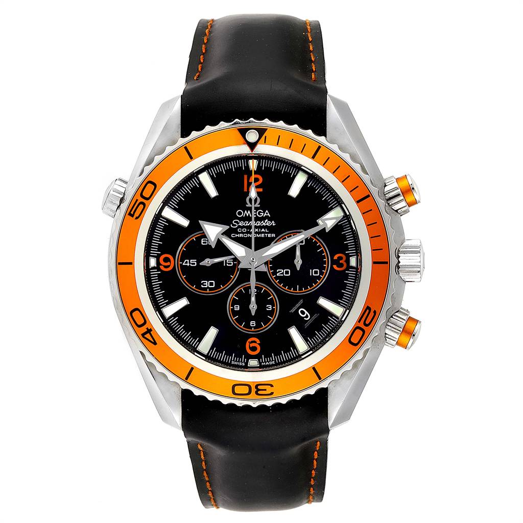 The image shows a front view of the Omega Planet Ocean 2918.50.82 Men
s Stainless Steel Black Dial 2918.50.82 Men
s Stainless Steel Black Dial model, featuring its bezel, dial, and leather strap.