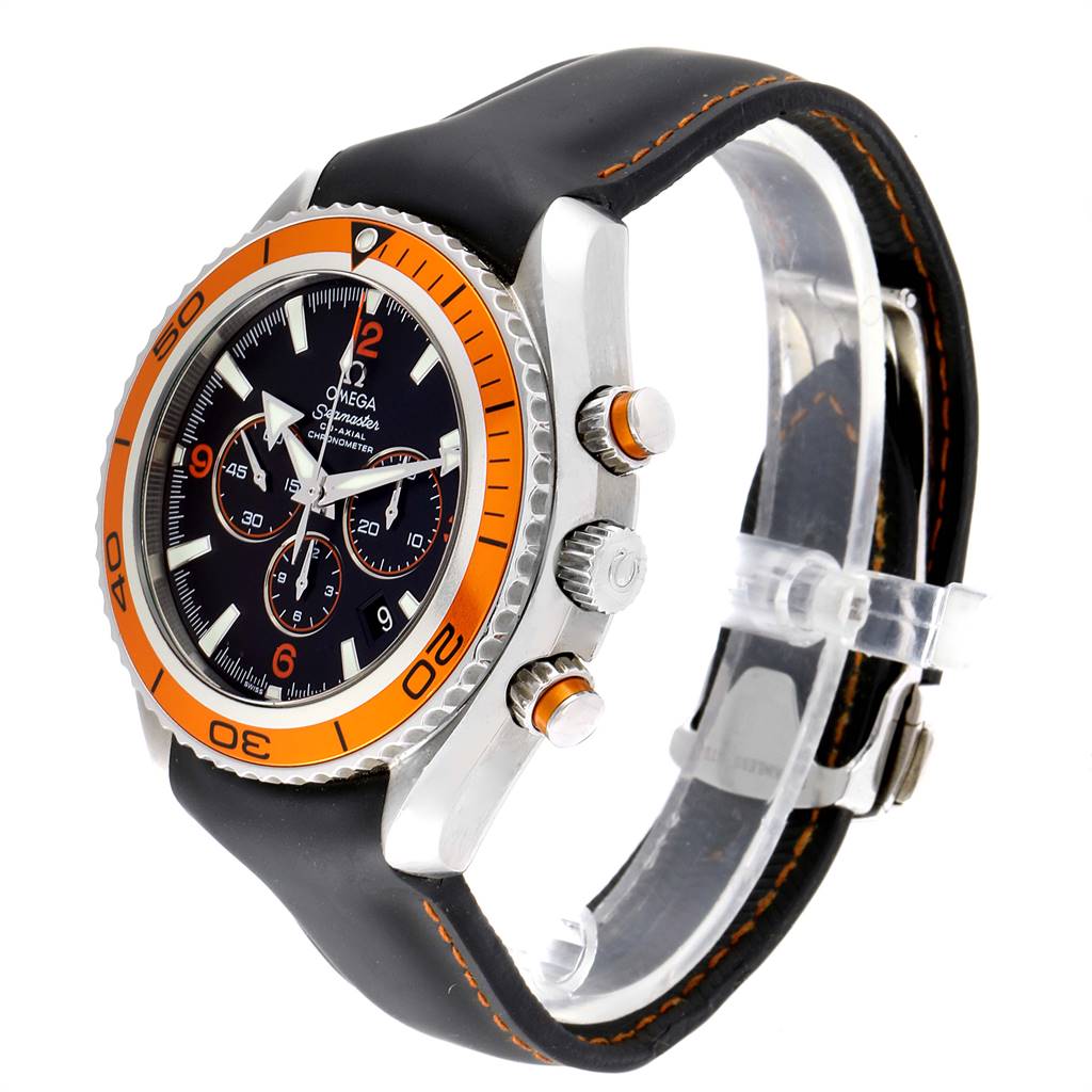 The Omega Planet Ocean 2918.50.82 Men
s Stainless Steel Black Dial 2918.50.82 Men
s Stainless Steel Black Dial watch is shown at a three-quarter angle, displaying the face, bezel, crown, pushers, and part of the strap.