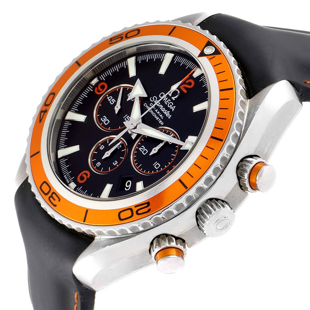 The image shows the right-side profile angle of the Omega Planet Ocean 2918.50.82 Men
s Stainless Steel Black Dial 2918.50.82 Men
s Stainless Steel Black Dial watch, highlighting the bezel, crown, and chronograph pushers.