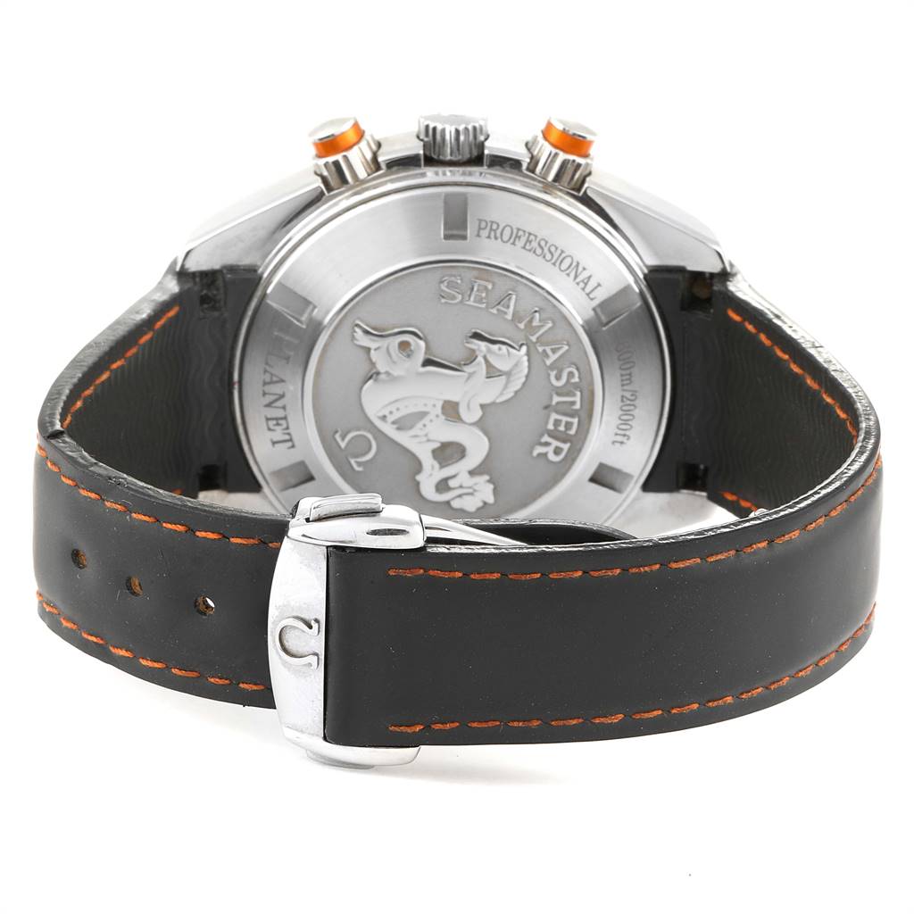 The image shows the back view of an Omega Planet Ocean 2918.50.82 Men
s Stainless Steel Black Dial 2918.50.82 Men
s Stainless Steel Black Dial watch with its case back, strap, and buckle visible.