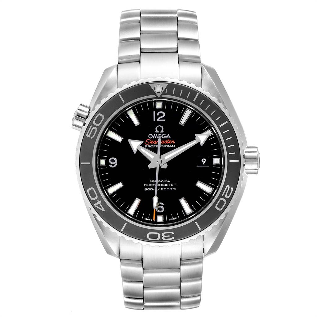 The image shows a front view of the Omega Planet Ocean 232.30.46.21.01.001 Men
s Stainless Steel Black Dial 232.30.46.21.01.001 Men
s Stainless Steel Black Dial watch displaying its face, bezel, crown, and stainless steel bracelet.