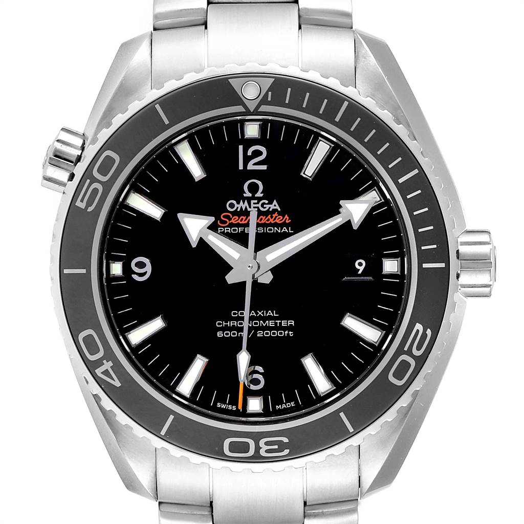 The image shows a front view of the Omega Planet Ocean 232.30.46.21.01.001 Men
s Stainless Steel Black Dial 232.30.46.21.01.001 Men
s Stainless Steel Black Dial watch, highlighting its face, bezel, hands, and part of the metal bracelet.