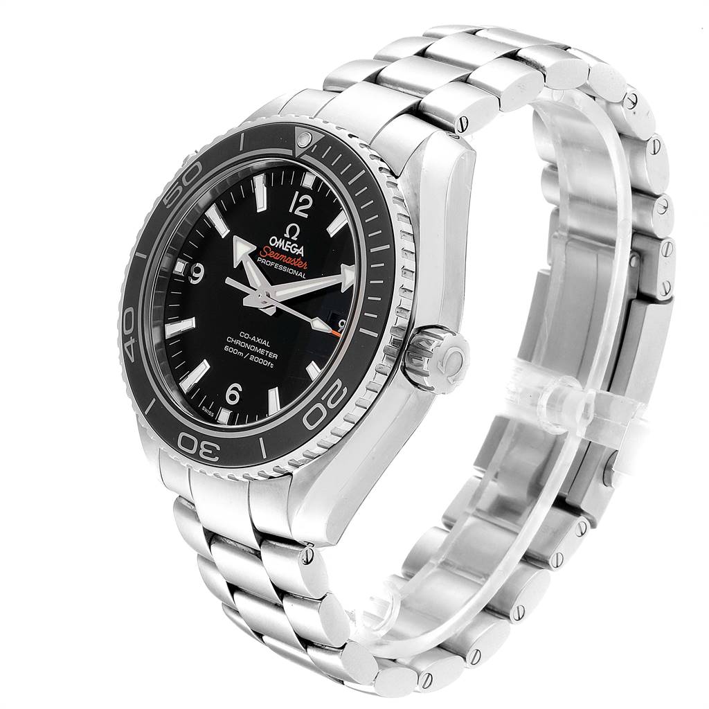 The image shows an angled view of the Omega Planet Ocean 232.30.46.21.01.001 Men
s Stainless Steel Black Dial 232.30.46.21.01.001 Men
s Stainless Steel Black Dial watch, displaying its face, bezel, crown, and stainless steel bracelet.