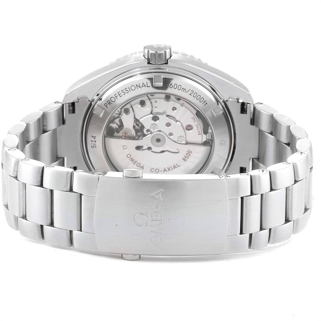 The image shows the back view of an Omega Planet Ocean 232.30.46.21.01.001 Men
s Stainless Steel Black Dial 232.30.46.21.01.001 Men
s Stainless Steel Black Dial watch, highlighting its open case back and stainless steel bracelet.