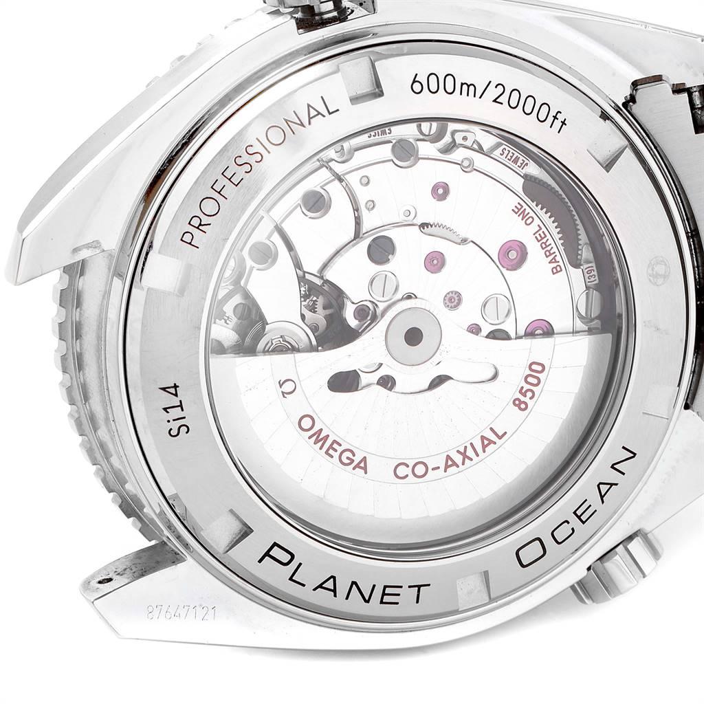 This image shows the back angle of the Omega Planet Ocean 232.30.46.21.01.001 Men
s Stainless Steel Black Dial 232.30.46.21.01.001 Men
s Stainless Steel Black Dial watch, highlighting its movement and transparent case back.